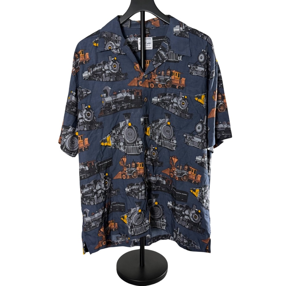 David Carey Originals Mens Large Train Steam Locomotive‎ Camp Shirt Navy Blue L